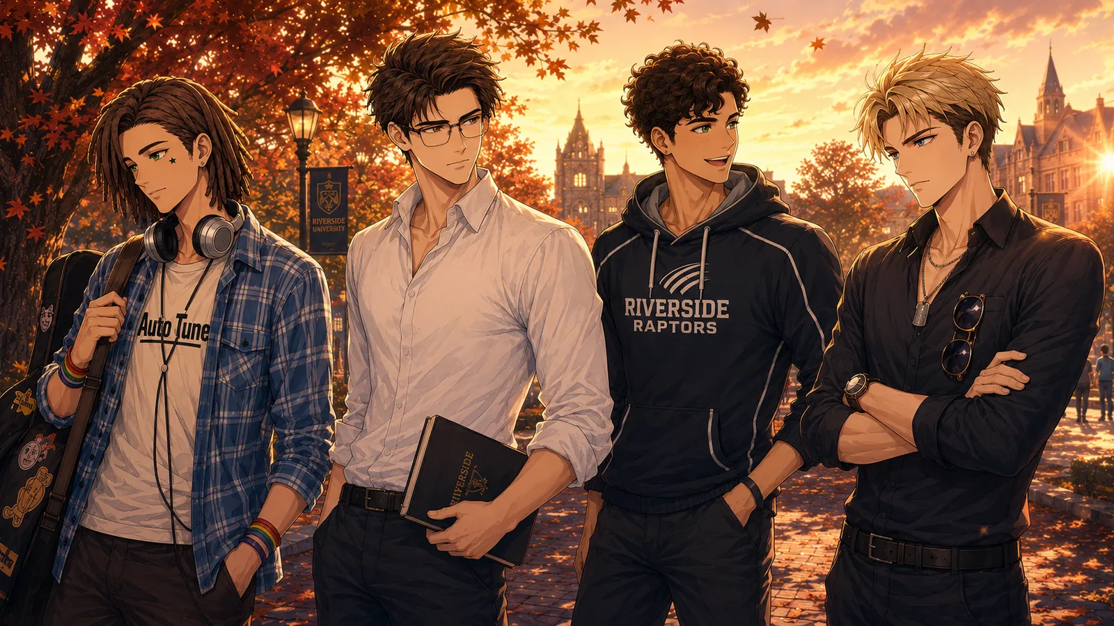 Miles, Dan, Tyler y Ethan juntos en el patio de Riverside University al atardecer