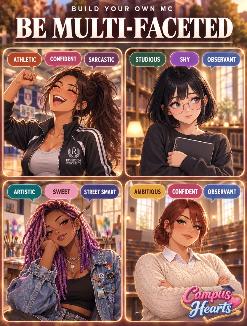 Four custom Campus Hearts protagonists, each with different personality traits: athletic, studious, artistic, and ambitious.