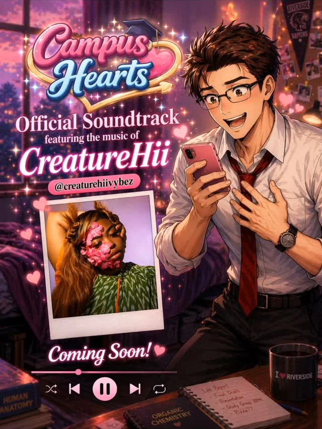 Campus Hearts Official Soundtrack poster featuring the music of CreatureHii, with Dan Morrison celebrating