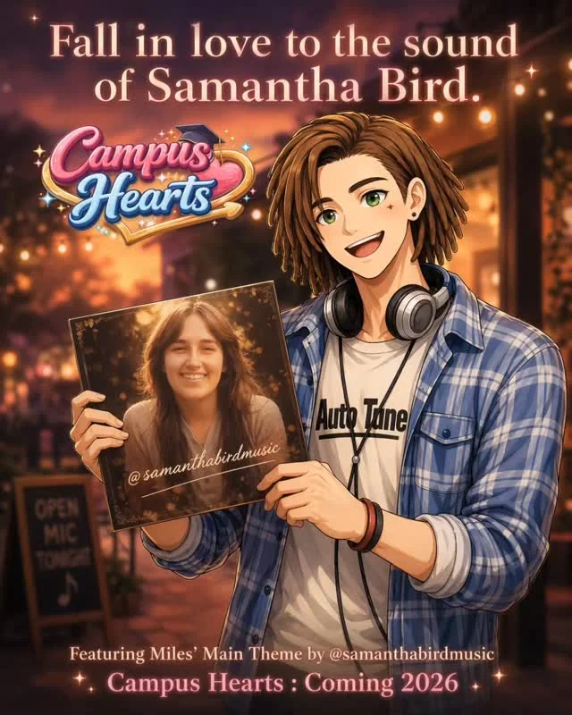 Miles Archer holding up a portrait of Samantha Bird: Fall in love to the sound of Samantha Bird